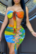 Tangerine Red Sexy Print Hollowed Out Strapless Sleeveless Two Pieces