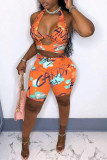 Orange Fashion Sexy Print Backless Halter Sleeveless Two Pieces