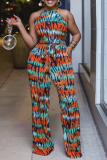 Blue Sexy Print Patchwork Halter Straight Jumpsuits