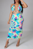 Blue Sexy Print Tie Dye Backless Strap Design Halter Sleeveless Dress