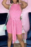Pink Casual Solid Patchwork Slit O Neck Sleeveless Two Pieces