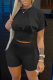 Black Casual Solid Patchwork O Neck Short Sleeve Two Pieces