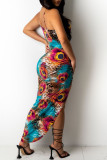 Blue Sexy Print Hollowed Out Backless Spaghetti Strap Sleeveless Dress