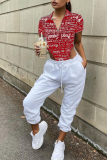 Red Casual Print Patchwork Turndown Collar Tops