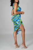 Green Fashion Sexy Print Asymmetrical One Shoulder Sleeveless Dress