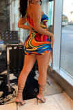 Blue Sexy Print Hollowed Out One Shoulder Pencil Skirt Dresses