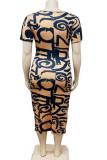 Khaki Sexy Print Bandage Hollowed Out Split Joint O Neck Pencil Skirt Plus Size Dresses