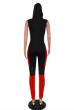 Black Red Casual Sportswear Patchwork Hooded Collar Sleeveless Skinny Jumpsuits