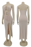 Nude Pink Sexy Solid Hollowed Out Strapless Irregular Dress Dresses