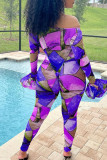 Rose Red Fashion Sexy Print See-through Backless Off the Shoulder Long Sleeve Two Pieces
