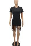 Light Green Casual Solid Tassel Patchwork O Neck Pencil Skirt Dresses