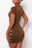 Brown Sexy Solid Hollowed Out Split Joint Frenulum O Neck Short Sleeve Dress Dresses