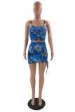 Blue Fashion Sexy Print Backless Spaghetti Strap Sleeveless Two Pieces