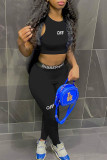 Blue Casual Letter Print Patchwork O Neck Sleeveless Two Pieces
