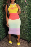Yellow Sexy Print Letter O Neck Pencil Skirt Dresses