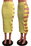 Yellow Sexy Solid Hollowed Out Skinny Mid Waist Pencil Solid Color Bottoms