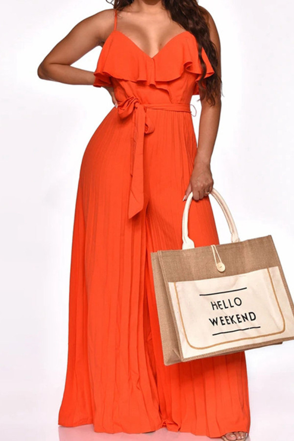 Orange Casual Solid Bandage Patchwork Flounce Spaghetti Strap Straight Jumpsuits