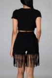 Red Fashion Casual Solid Tassel O Neck Short Sleeve Two Pieces