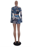 Black Fashion Sexy Print Bandage V Neck Long Sleeve Two Pieces