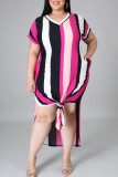 Yellow Brown Casual Striped Split Joint High Opening V Neck Short Sleeve Dress Plus Size Dresses
