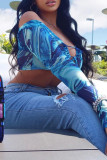 Blue Fashion Sexy Print Bandage Backless Off the Shoulder Tops