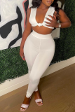 White Sexy Solid Patchwork V Neck Sleeveless Two Pieces