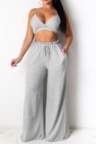 Grey Sexy Solid Split Joint Halter Sleeveless Two Pieces