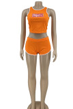 Tangerine Red Casual Print Patchwork O Neck Sleeveless Two Pieces