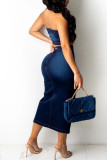 Dark Blue Sexy Casual Solid Backless Slit Strapless Sleeveless Two Pieces
