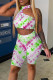 Fluorescent Green Casual Print Hollowed Out Patchwork O Neck Sleeveless Two Pieces