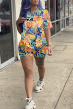 Grey Casual Print Patchwork O Neck Short Sleeve Two Pieces