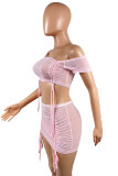 Pink Fashion Sexy Solid See-through Backless Off the Shoulder Sleeveless Two Pieces