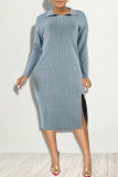 Pink Fashion Casual Solid Slit Turndown Collar Long Sleeve Dresses