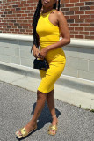 Yellow Sexy Casual Solid Vests O Neck Sleeveless Dress Dresses