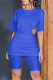Blue Fashion Casual Solid Hollowed Out Zipper O Neck Short Sleeve Two Pieces