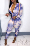 Purple Fashion Casual Print Tie-dye Zipper Collar Skinny Jumpsuits