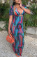 Blue Sexy Print Hollowed Out Patchwork Frenulum Halter Straight Dresses