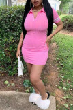 Pink Fashion Casual Solid Basic Turndown Collar Short Sleeve Dress