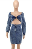 Blue Fashion Sexy Solid Hollowed Out V Neck Long Sleeve Denim Dress