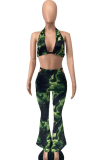 Green Sexy Print Patchwork V Neck Sleeveless Two Pieces