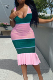Green Sexy Striped Patchwork U Neck Trumpet Mermaid Dresses