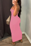 Rose Red Sexy Casual Solid Backless Strapless Sleeveless Dress