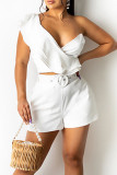Yellow Casual Solid Patchwork Flounce V Neck Two Pieces