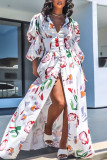 White Sexy Print Patchwork Buckle Slit V Neck A Line Dresses