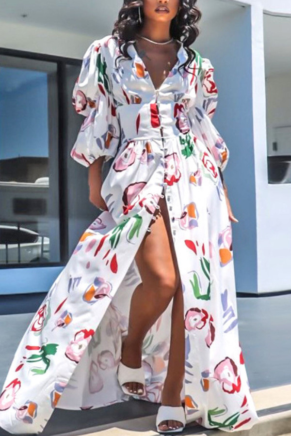 White Sexy Print Patchwork Buckle Slit V Neck A Line Dresses
