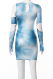 Blue Sexy Print Hollowed Out Halter Pencil Skirt Dresses