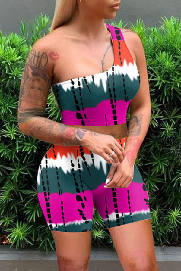 Rose Red Sexy Casual Print Backless One Shoulder Sleeveless Two Pieces