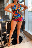 Blue Sexy Print Hollowed Out One Shoulder Pencil Skirt Dresses