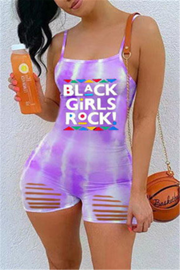 Purple Fashion Sexy Letter Print Ripped Backless Spaghetti Strap Skinny Romper