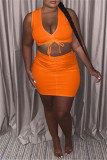 Deep Blue Sexy Casual Solid Bandage V Neck Sleeveless Two Pieces